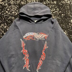 Top Heavy Mens Y2K Skater Tribal Graphic Hoodie Faded Navy Blue XL USA 1776